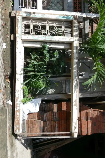 Product image 1 of the product “Antique door made from teak wood with top square carving, 145cm length, 16cm width, and 275cm height ”